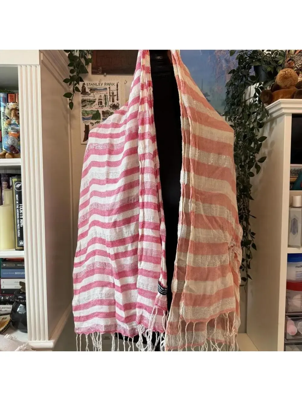 Society for Scarves Pink White Silver Striped Fringe Scarf